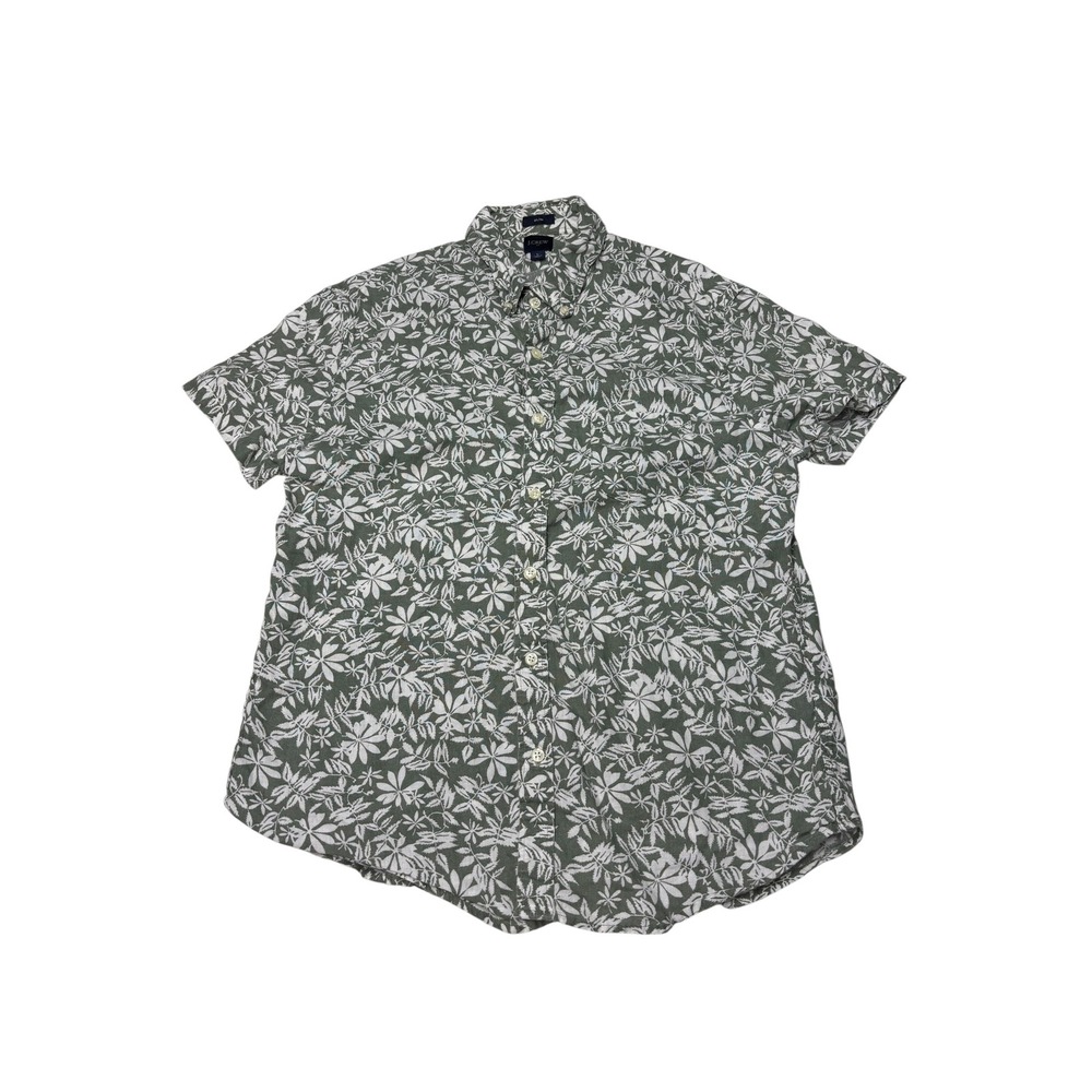 J.Crew Slim Fit Linen Cotton Floral Leaf Short Sleeve Button Down Green Mens L